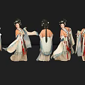 Women in Traditional Costumes with Various Poses Against Black Background and Reflective Floor