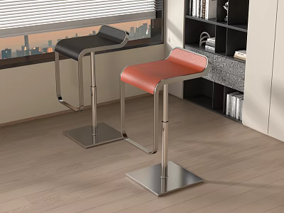 Modern Black and Orange Bar Stools with Metal Bases by Window and Bookshelf 3d model