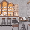 Industrial Style Bar Interior With Bar Counter Bottles Bar Stools And Round Tables