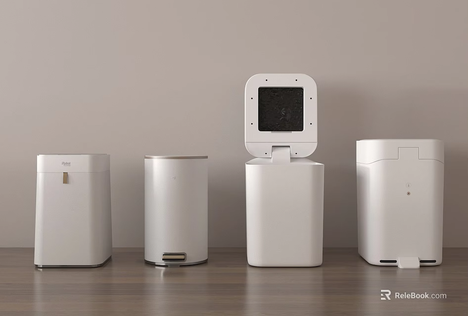 White Home Appliances With Various Shapes On Wooden Floor And Light Wall 3d model 