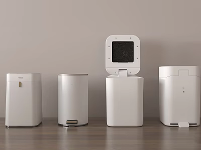 White Home Appliances With Various Shapes On Wooden Floor And Light Wall 3d model