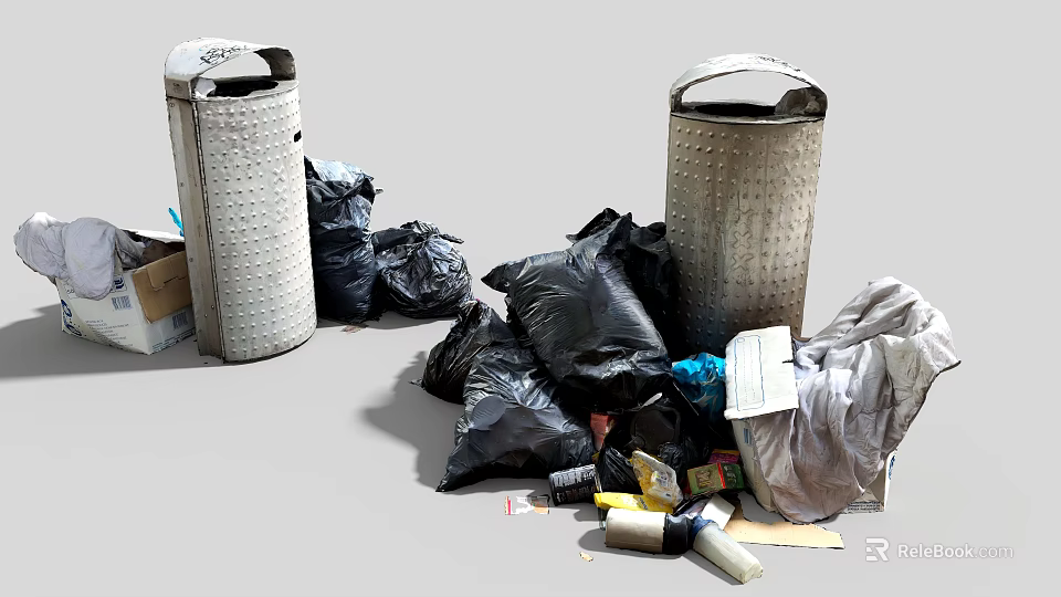 Metal Trash Cans With Black Garbage Bags And Household Waste Scattered Around 3d model 
