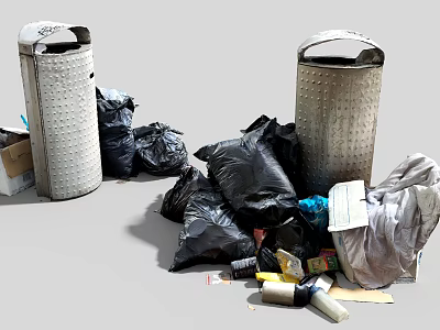 Metal Trash Cans With Black Garbage Bags And Household Waste Scattered Around 3d model