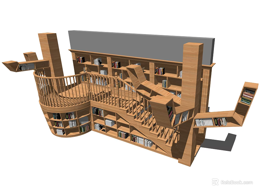 Modern Wooden Bookshelf With Spiral Staircase Multiple Shelves Filled With Books 3d model 