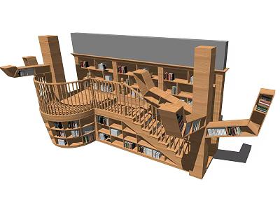 Modern Wooden Bookshelf With Spiral Staircase Multiple Shelves Filled With Books 3d model