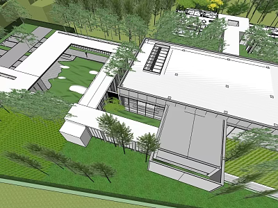 Modern Sales Office Building With Glass Facade Flat Roof And Green Lawn Surroundings 3d model