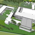 Modern Sales Office Building With Glass Facade Flat Roof And Green Lawn Surroundings