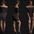 Woman In Off Shoulder Dress With High Heels Showing Back Side And Front Poses