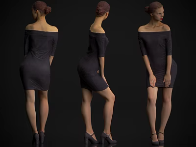 Woman In Off Shoulder Dress With High Heels Showing Back Side And Front Poses 3d model
