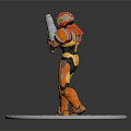Action Figure In Orange Black Armor Holding Weapon On Silver Circular Base