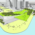 Modern Urban Architecture With Curved Roof Building Waterfront Greenery And Skyscrapers