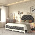 Elegant Double Bed With Tufted Black Headboard White Carved Frame And Bedside Tables