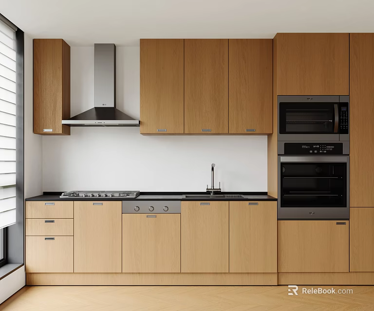 Modern Kitchen With Wooden Upper And Lower Cabinets Cooktop Sink Range Hood Appliances 3d model 