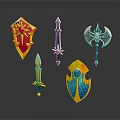 Colorful Mythical Fantasy Weapons And Shields In Detailed 3D Rendered Artwork
