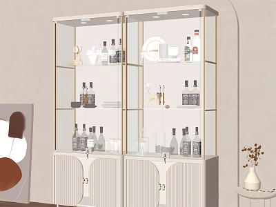 Modern White Wine Cabinet With Glass Doors Displaying Wine Bottles And Decorative Items 3d model