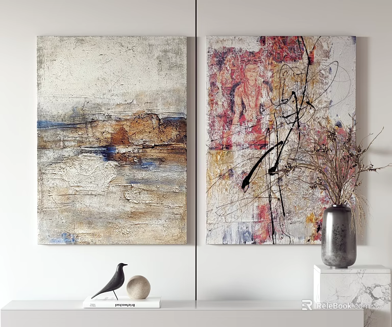 Abstract Wall Art Decor With Colorful Textures Bird Figurine And Vase 3d model 
