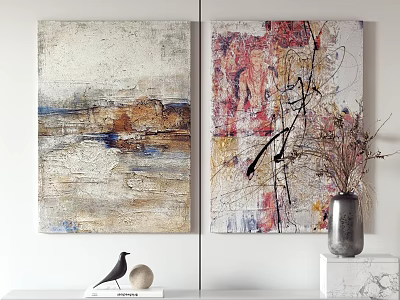 Abstract Wall Art Decor With Colorful Textures Bird Figurine And Vase 3d model