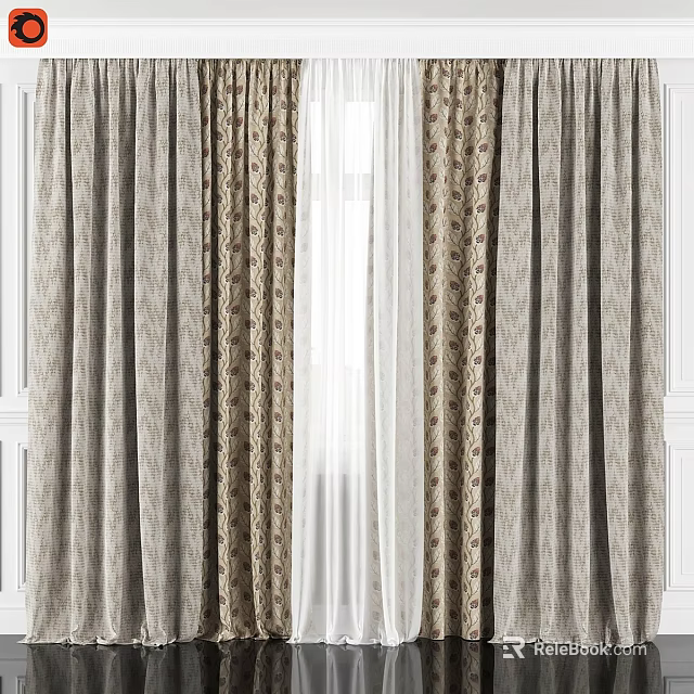 Elegant Beige Curtains With Floral Patterns And Sheer White Voile Layers 3d model 