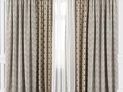 Elegant Beige Curtains With Floral Patterns And Sheer White Voile Layers 3d model