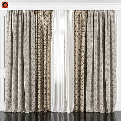 Elegant Beige Curtains With Floral Patterns And Sheer White Voile Layers 3d model