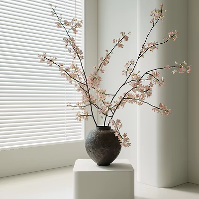 Ceramic Vase With Pink Blossom Branches By Window With White Blinds 3d model