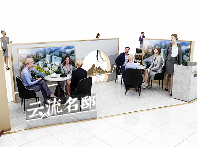 Modern Exhibition Booth Tables and Chairs with People Interacting and Display Backdrops 3d model