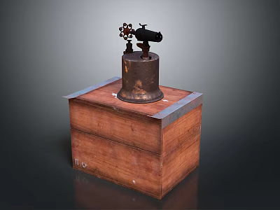 Vintage Rusted Weapon With Copper Bell Mounted On Wooden Box And Mechanical Device 3d model