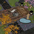 Beautiful Courtyard Garden Design With Wooden Deck Small Table Mat Lanterns And Pond