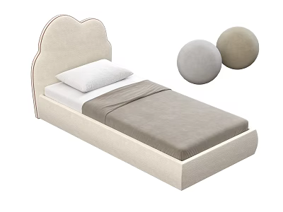 Beige Kids Bed With Curved Upholstered Headboard White Pillow Light Brown Blanket And Decorative Balls 3d model