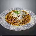 Delicious Spaghetti With Tomato Sauce Ground Meat Cheese And Parsley On Blue White Patterned Plate