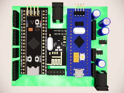 Smart Machine Electronic Circuit Board With Green Background Black Blue Modules And Capacitors 3d model