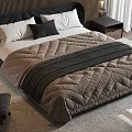 Modern Double Bed Interior With Wooden Headboard Nightstand Black Chair And Rug