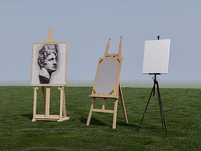 Art Painting Supplies With Wooden Easels And Blank Canvas On Grass Field 3d model