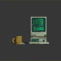 Vintage Computer Setup With Green Monitor Keyboard Mouse And Yellow Mug