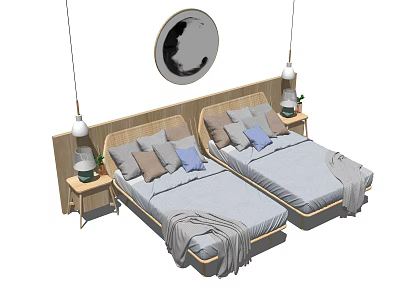 Cozy Single Bed with Bamboo Headboard Gray Bedding Pillows Nightstands and Round Wall Art 3d model