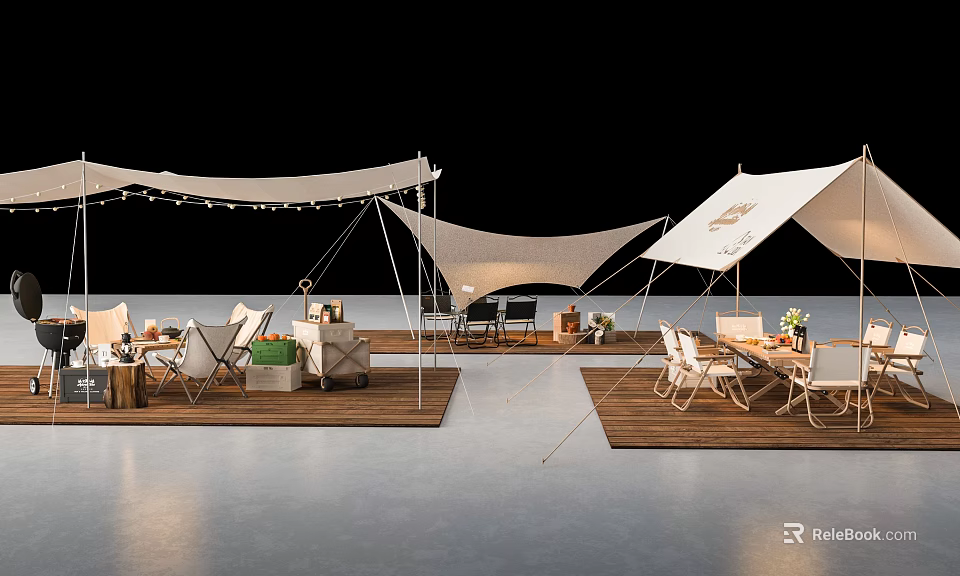 Elegant Outdoor Garden Decor with Tents Tables Chairs String Lights and Wooden Deck 3d model 