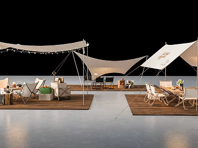 Elegant Outdoor Garden Decor with Tents Tables Chairs String Lights and Wooden Deck 3d model
