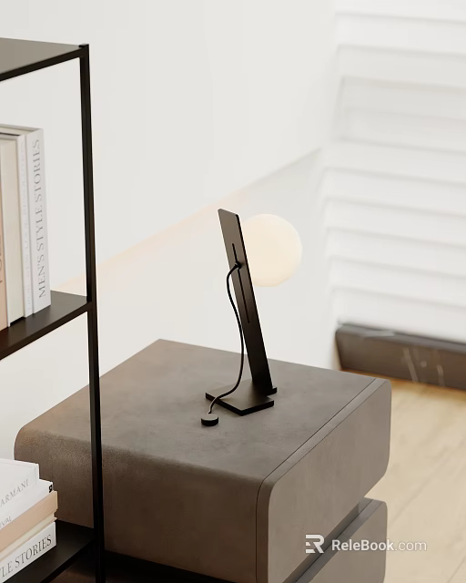 Modern Desk Lamp with Black Base and White Globe Shade Beside Bookshelf on Gray Stool 3d model 