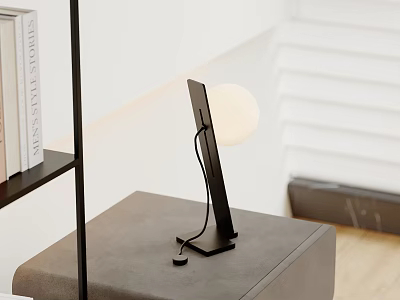 Modern Desk Lamp with Black Base and White Globe Shade Beside Bookshelf on Gray Stool 3d model