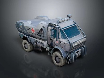 Military Ambulance Vehicle with Armored Exterior Red Cross Marking Heavy Duty Tires and Front Headlights 3d model