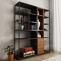 Black Metal Frame Bookcase with Wooden Shelves Books Vase Statue Potted Plants Drawers and Suitcases