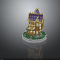 Lego Wooden Building With Purple Roof and Balcony on Circular Base Surrounded by Green Grass