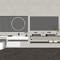 Modern Minimalist Washbasin Vanity With Double Sinks Mirror LED Strip Lighting Grey Cabinetry Wooden Flooring