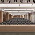 Conference Room Interior With Podium Large Projection Screen Comfortable Seats And Wooden Panel Walls