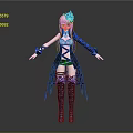 3D Character Model With Pink Purple Hair Blue Headdress Black White Blue Outfit And Black Boots