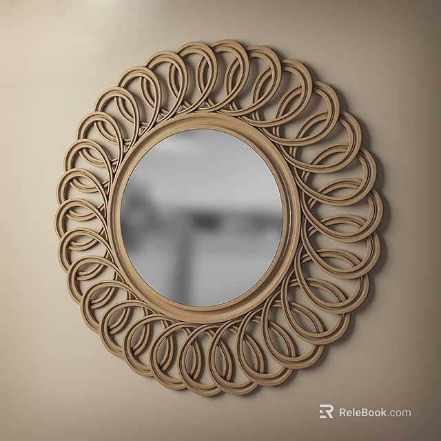 Decorative Round Mirror With Intricate Woven Wooden Frame On Beige Wall 3d model 