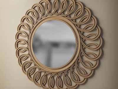 Decorative Round Mirror With Intricate Woven Wooden Frame On Beige Wall 3d model