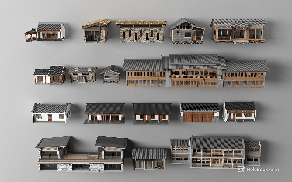 Rural Self Built Houses Showcasing Various Exterior Designs And Architectural Styles 3d model 