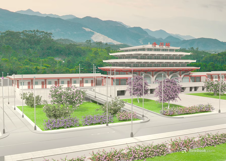 Scenic Traditional Chinese Railway Station With Mountain Views And Green Landscaping 3d model 