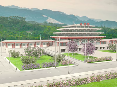 Scenic Traditional Chinese Railway Station With Mountain Views And Green Landscaping 3d model